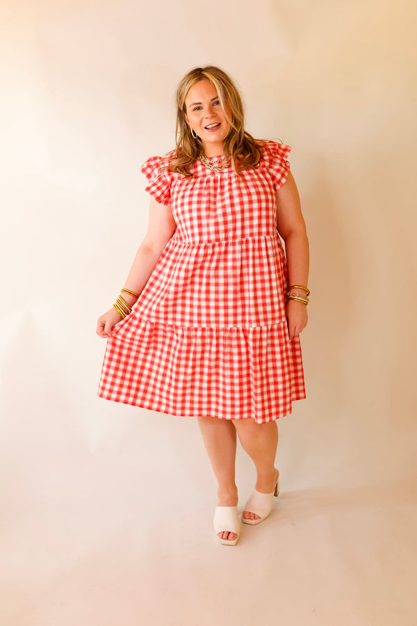 Sunny Pier Gingham Dress with Ruffle Cap Sleeves in Coral Red and White