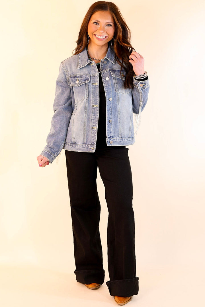 Rhinestone Cowgirl Crystal Fringe Denim Jacket in Medium Wash
