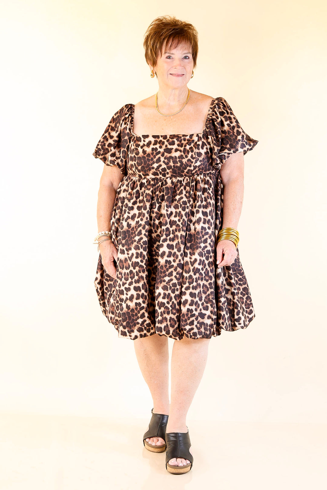 Own the Moment Dress with Short Balloon Sleeves in Cheetah Print