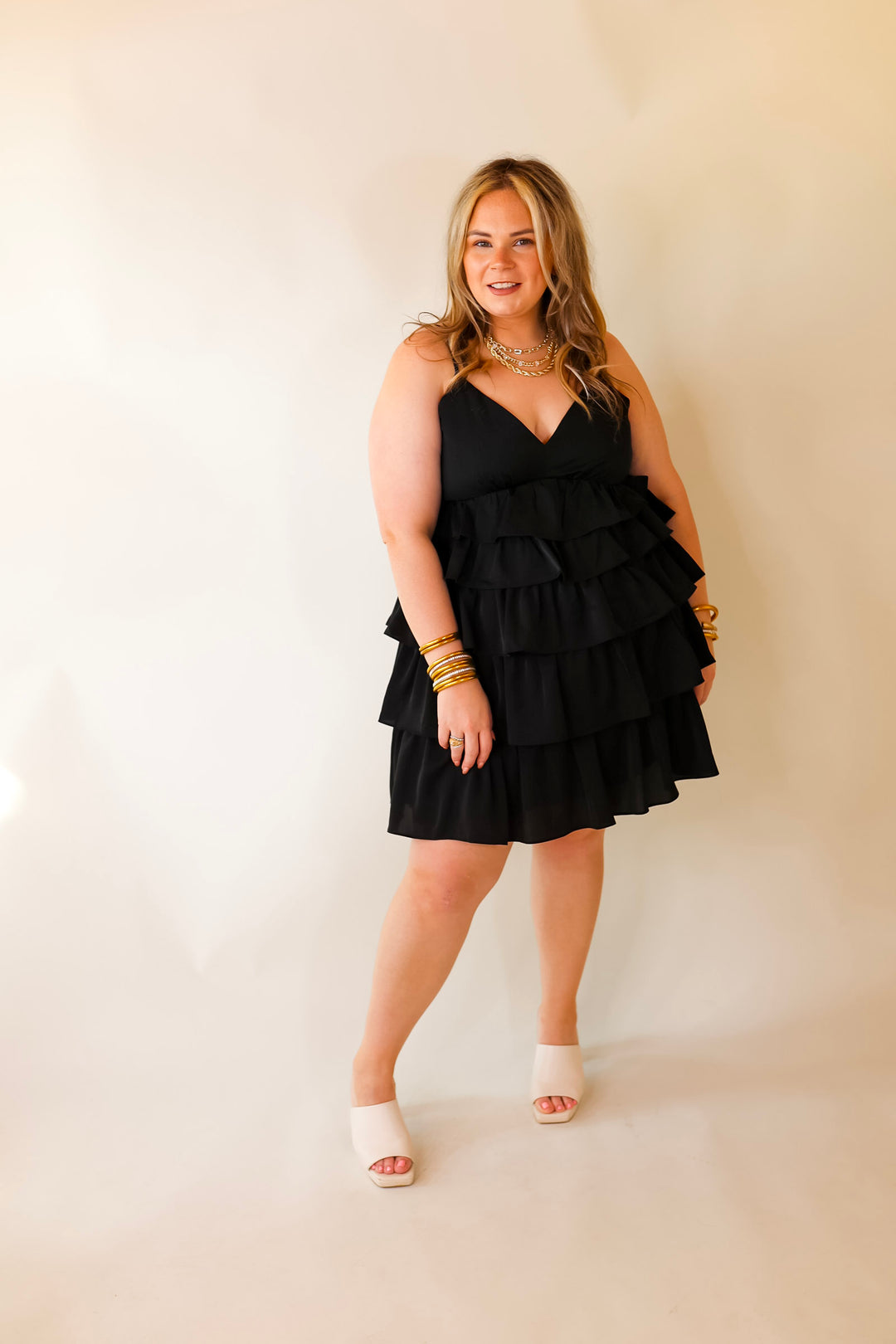 Dare to Dance Ruffled Spaghetti Strap Dress in Black - Giddy Up Glamour Boutique