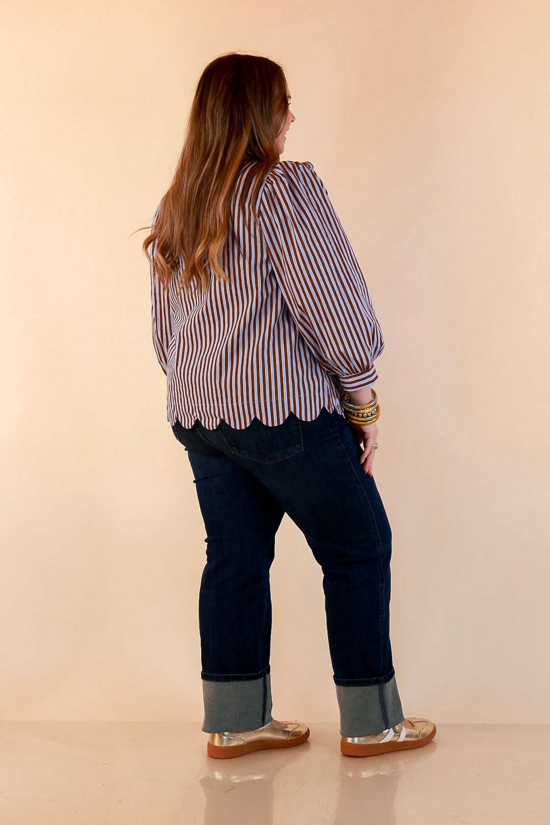 In Good Company Striped Bow Neck Scalloped Hem Blouse in Blue and Brown