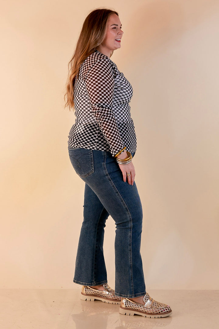 The Perfect Layer Checkered Print Sheer Mesh Long Sleeve Top in Black and White