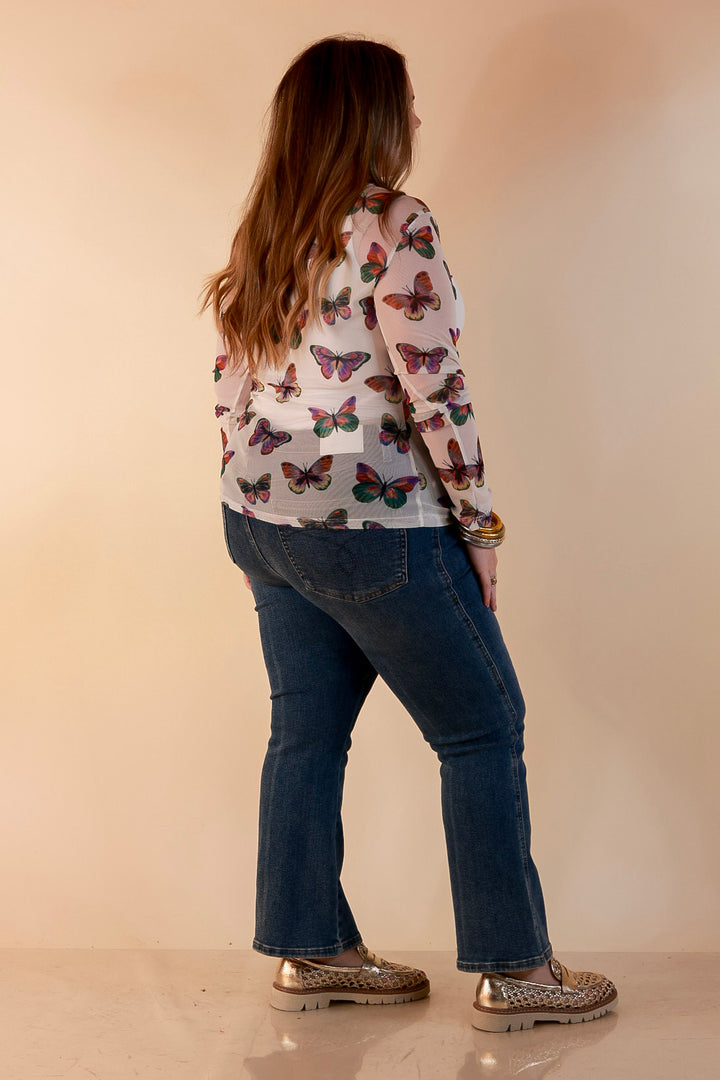The Perfect Layer Butterfly Print Sheer Mesh Long Sleeve Top in Cream and Gemstone Colors