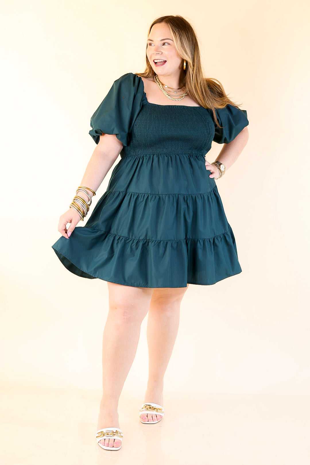 Trust Me Balloon Sleeve Dress in Teal Blue