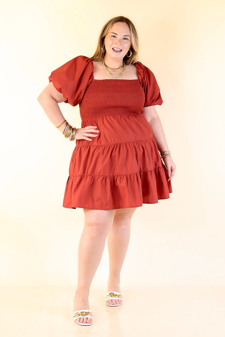 Trust Me Balloon Sleeve Dress in Rust Orange