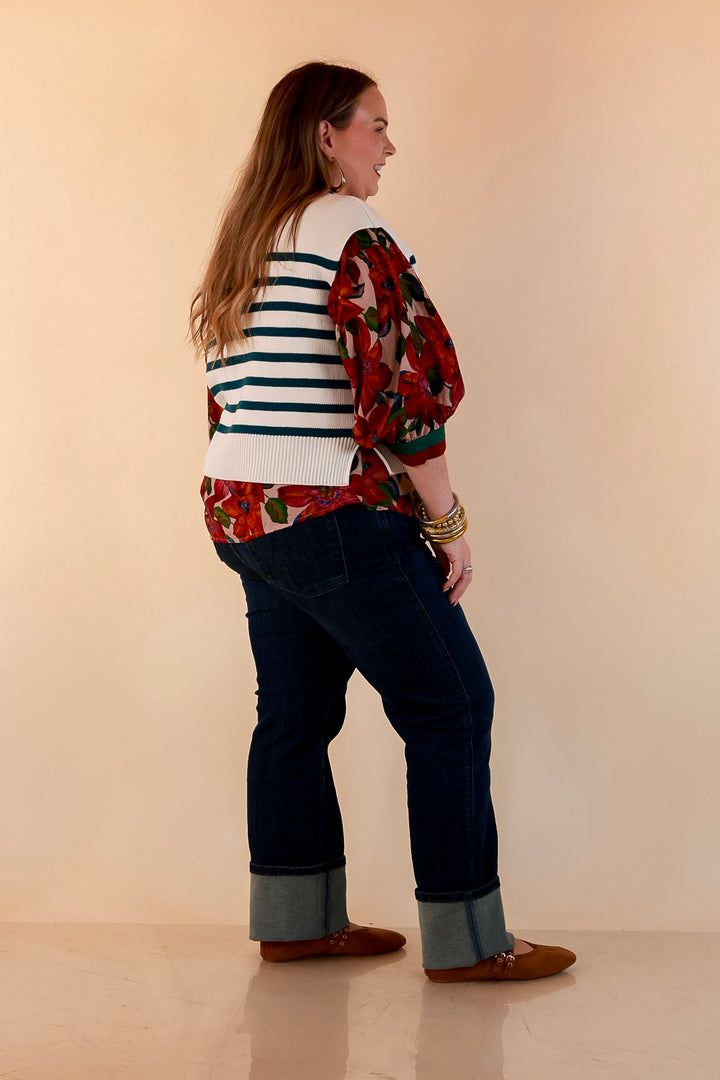 Stripe Things Up Drop Shoulder Knit Sweater in White with Teal Blue Stripes