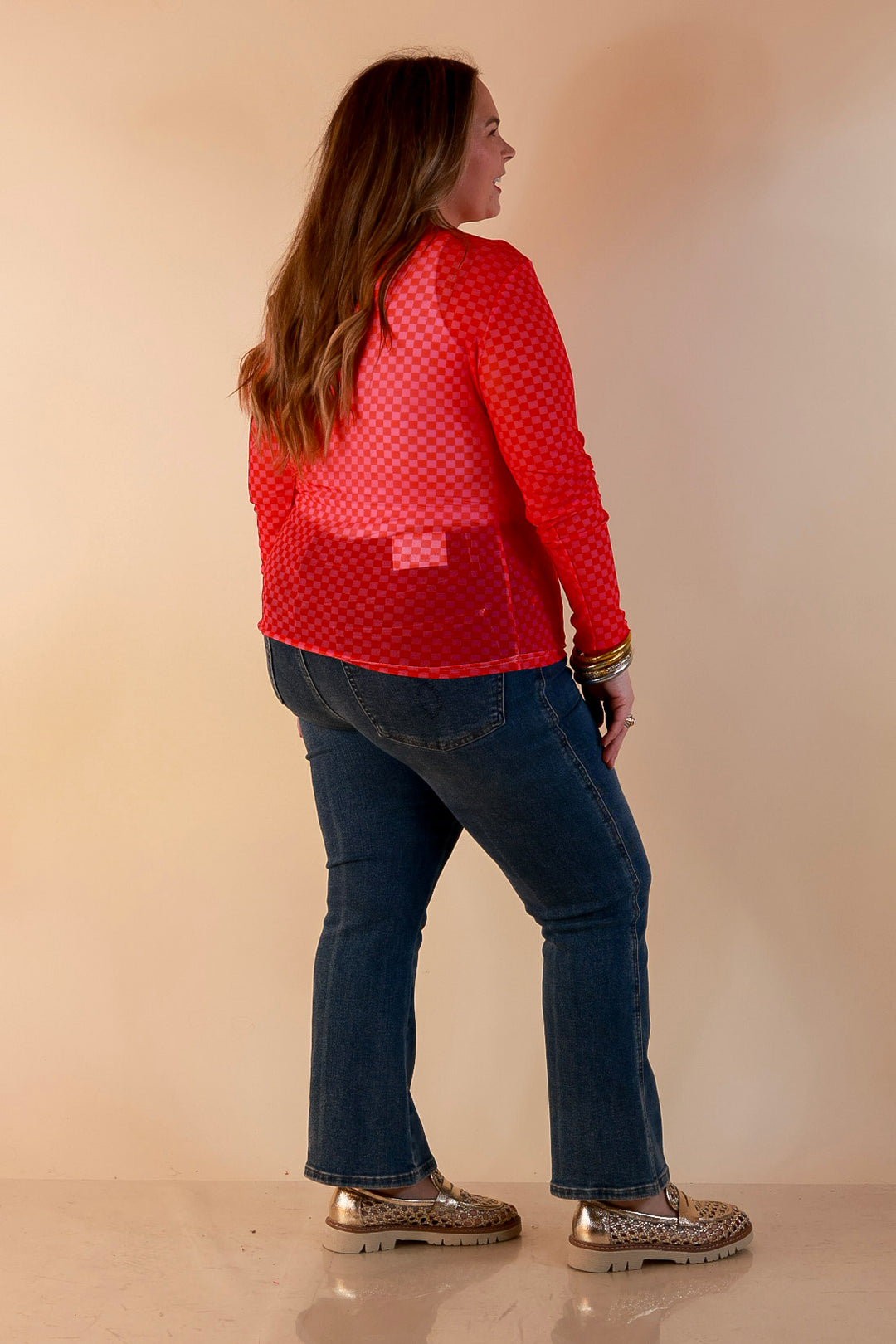 The Perfect Layer Checkered Print Sheer Mesh Long Sleeve Top in Red and Pink