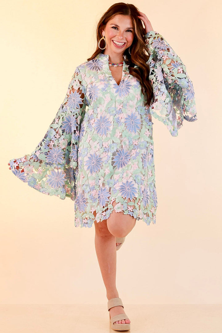 BuddyLove | Gayle Long Sleeve Mini Dress in Bellflower (Blue, Mint Green and Pink)