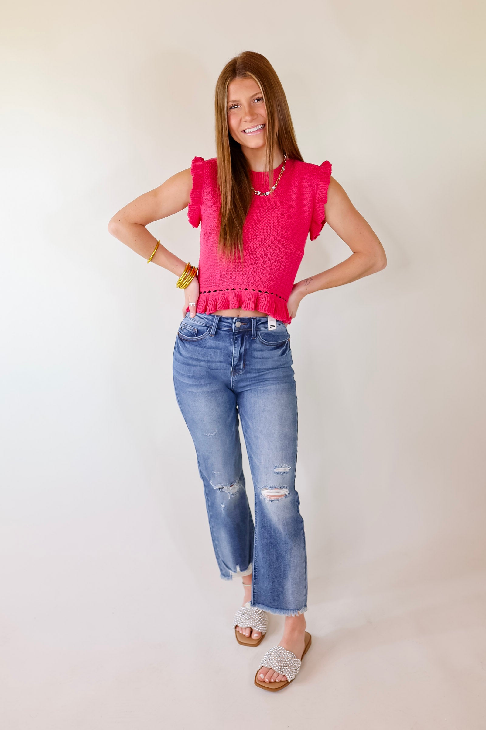 Breezy Baby Cropped Sweater with Ruffle Cap Sleeves in Hot Pink