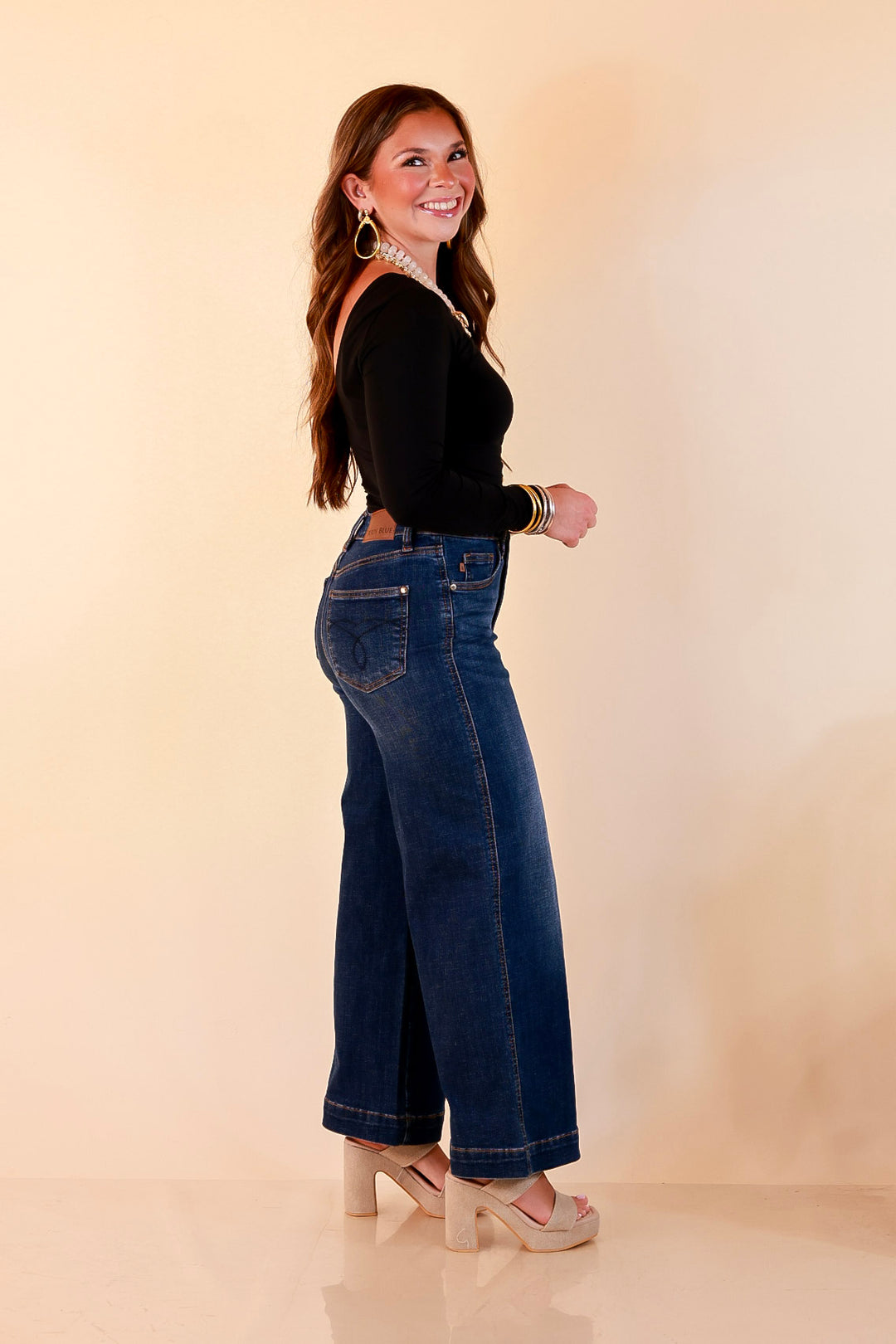 Judy Blue | Wide Open Style Ankle Length Cropped Wide Leg Tummy Control Trouser Denim Jeans in Dark Wash