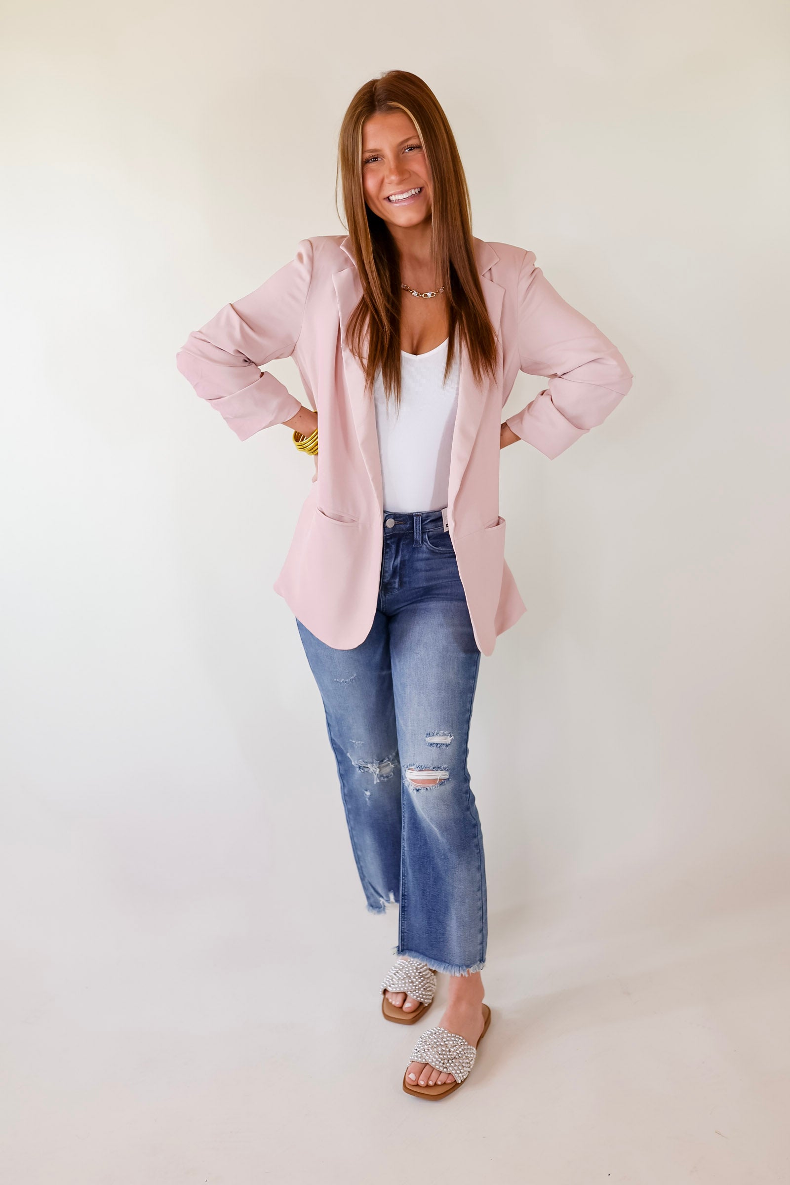 No Bad Angle Blazer With Pockets in Blush Pink - Giddy Up Glamour Boutique