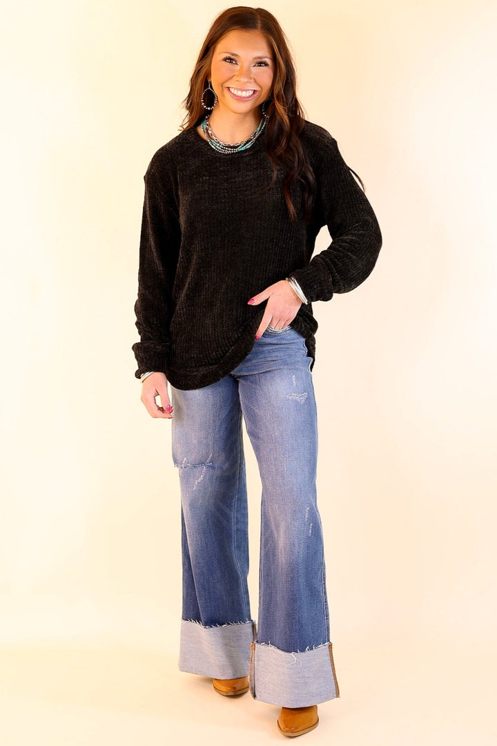 Classic Cutie Long Sleeve Chenille Waffle Knit Round Neck Sweater in Black