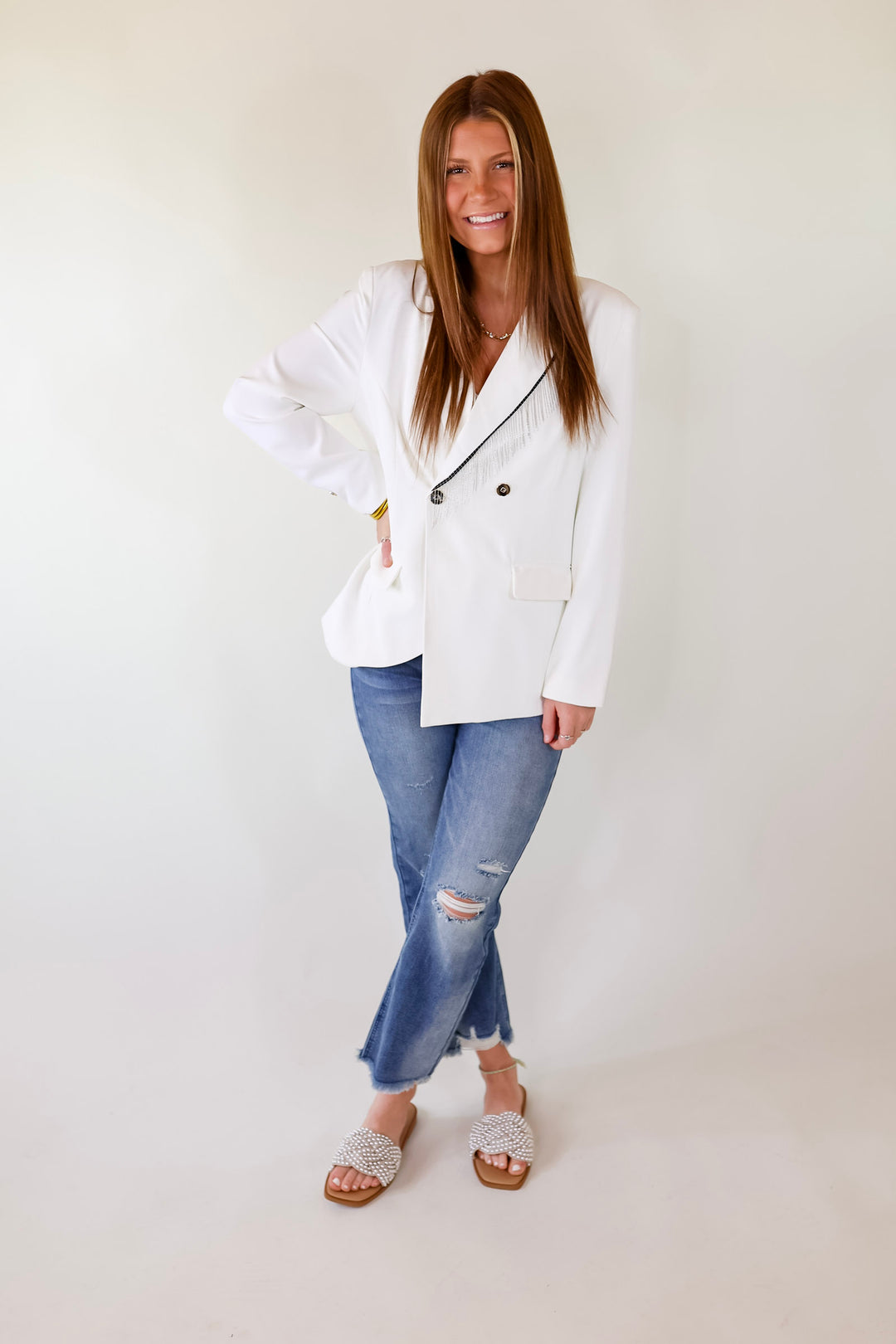 Classic Reimagined Blazer with Silver Fringe in White - Giddy Up Glamour Boutique