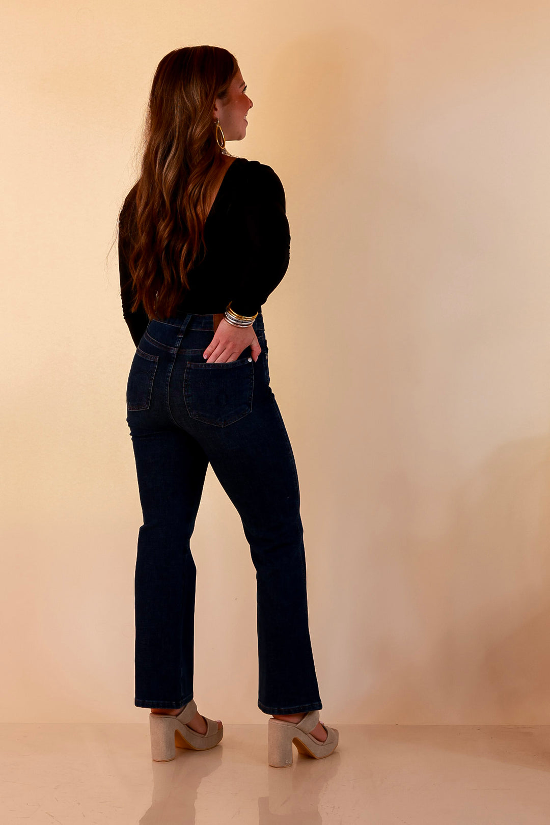 Judy Blue | Kick it Classic Tummy Control Cropped Kick Flare Jean in Dark Rustic Indigo Wash