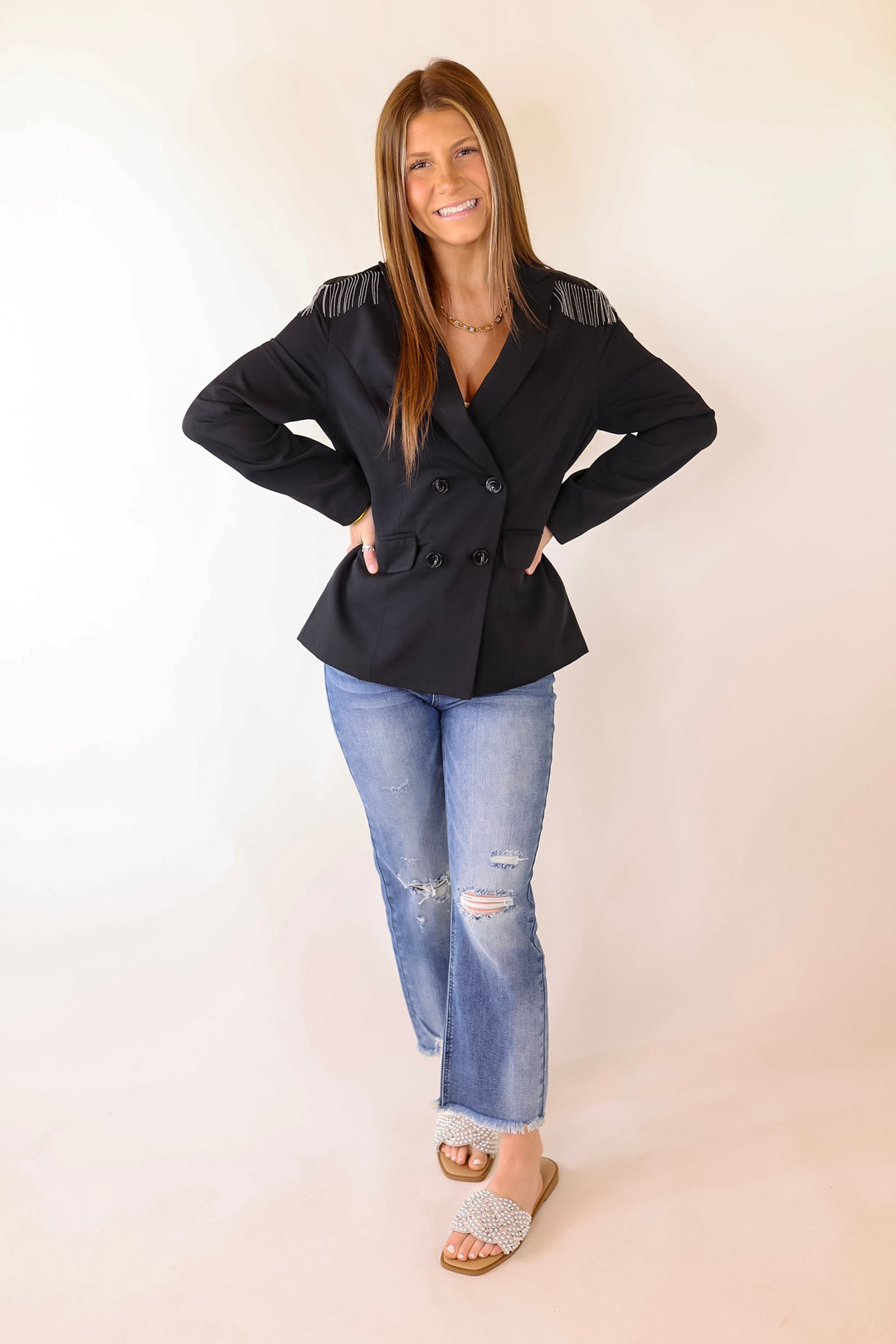 Check Me Out Blazer with Silver Fringe in Black - Giddy Up Glamour Boutique