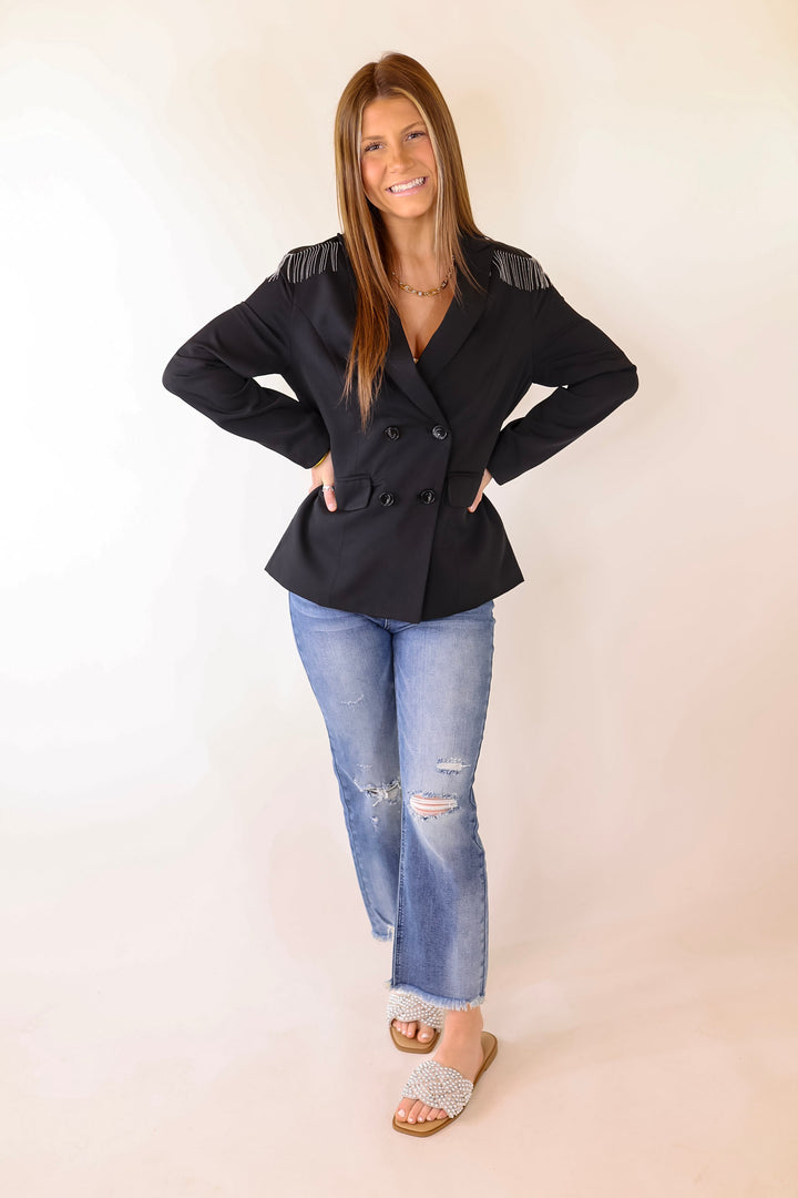 Check Me Out Blazer with Silver Fringe in Black - Giddy Up Glamour Boutique