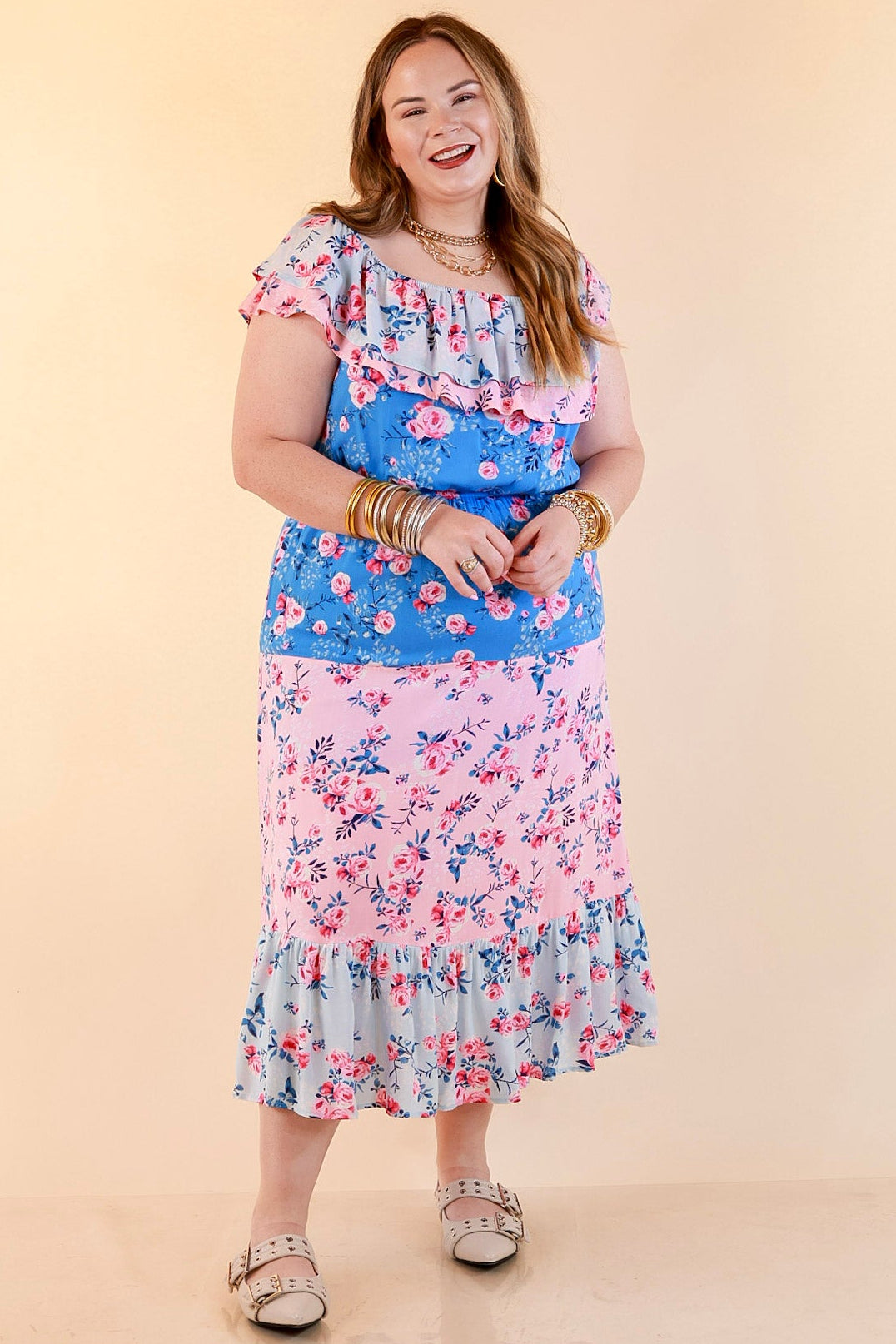 Tides In Tulum Floral Midi Dress with Ruffle Sleeves in Pink and Blue