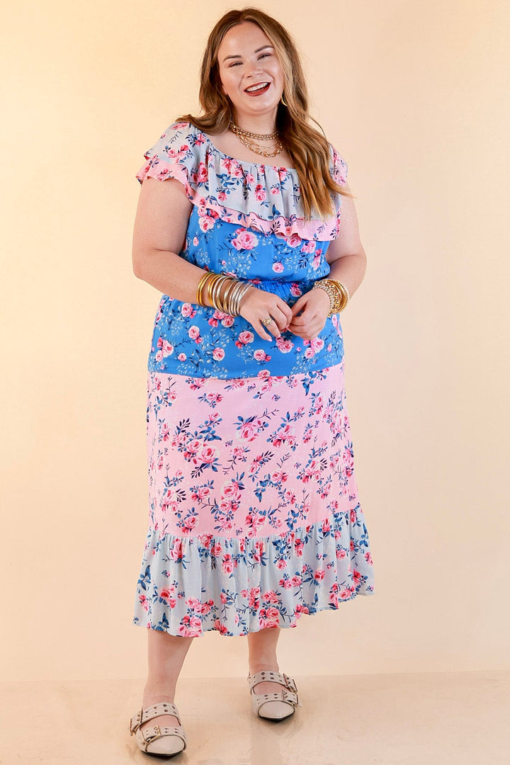 Tides In Tulum Floral Midi Dress with Ruffle Sleeves in Pink and Blue
