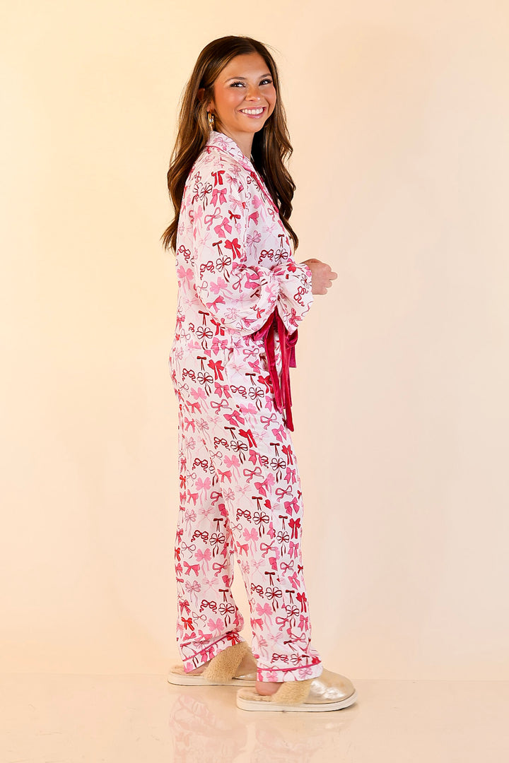Simply Southern | Sweet Slumber Matching PJ Satin Set with Pink Bow Detailing in Ivory