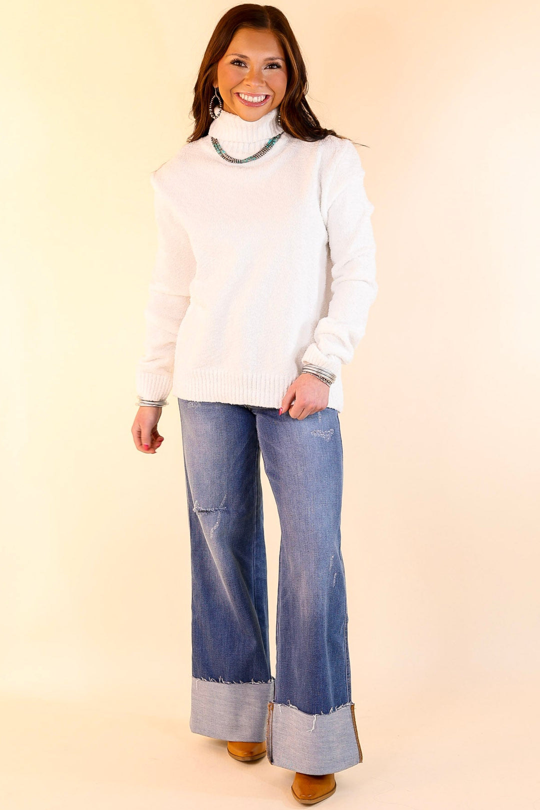 Cozy Couture Long Sleeve Turtleneck Sweater in Off White