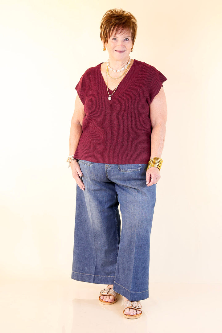 Fall For You Textured V-Neck Oversized Knit Sweater Vest Top in Maroon