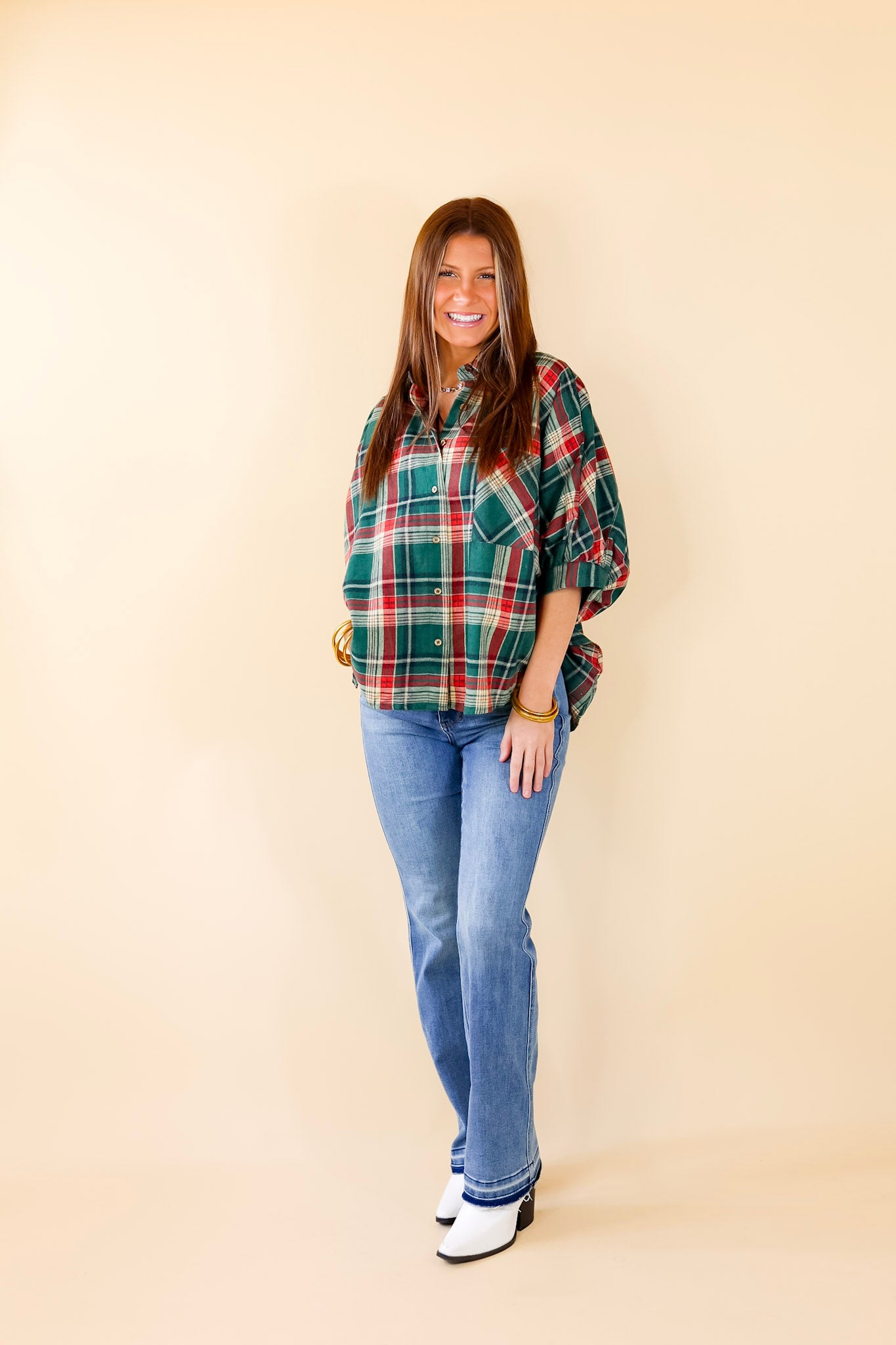 Suburban Lifestyle Plaid Poncho Top in Green - Giddy Up Glamour Boutique