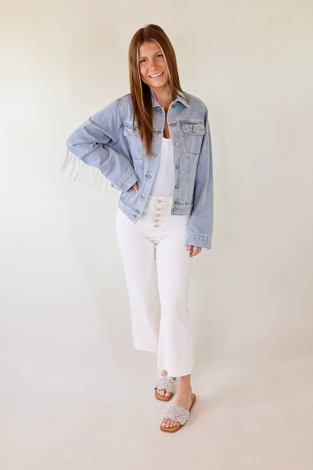 Like a Diamond Crystal Fringe Button Up Denim Jacket in Light Wash - Giddy Up Glamour Boutique