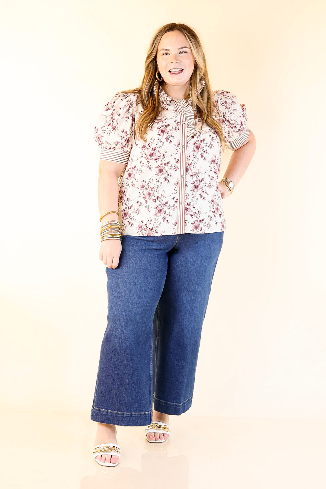 Timeless Beauty Button Up Puff Sleeve Top with Maroon Floral French Toile Print in Cream