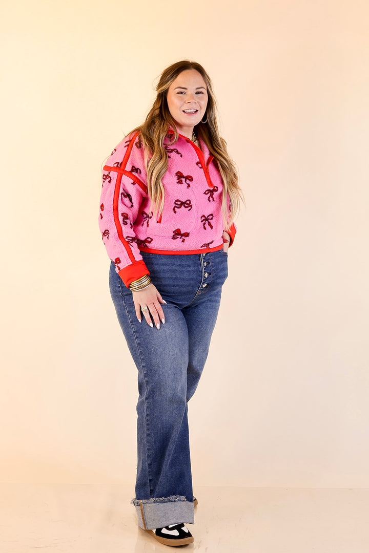 Simply Southern | Cozy Intentions Fleece Half Zip Pullover Jacket in Pink with Red Bows
