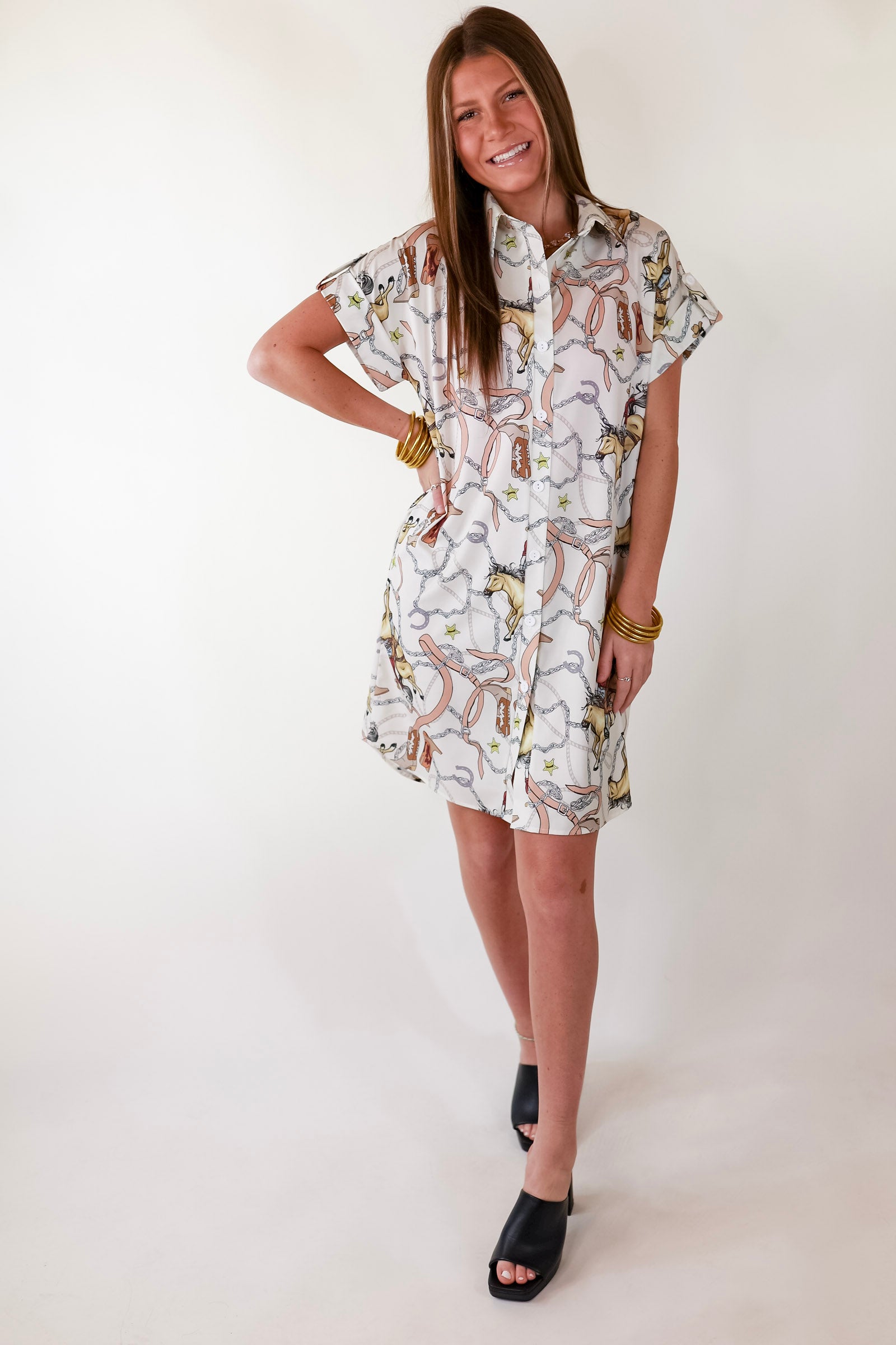 The Cowgirl Way Button Up Cowboy Print Dress in Cream - Giddy Up Glamour Boutique