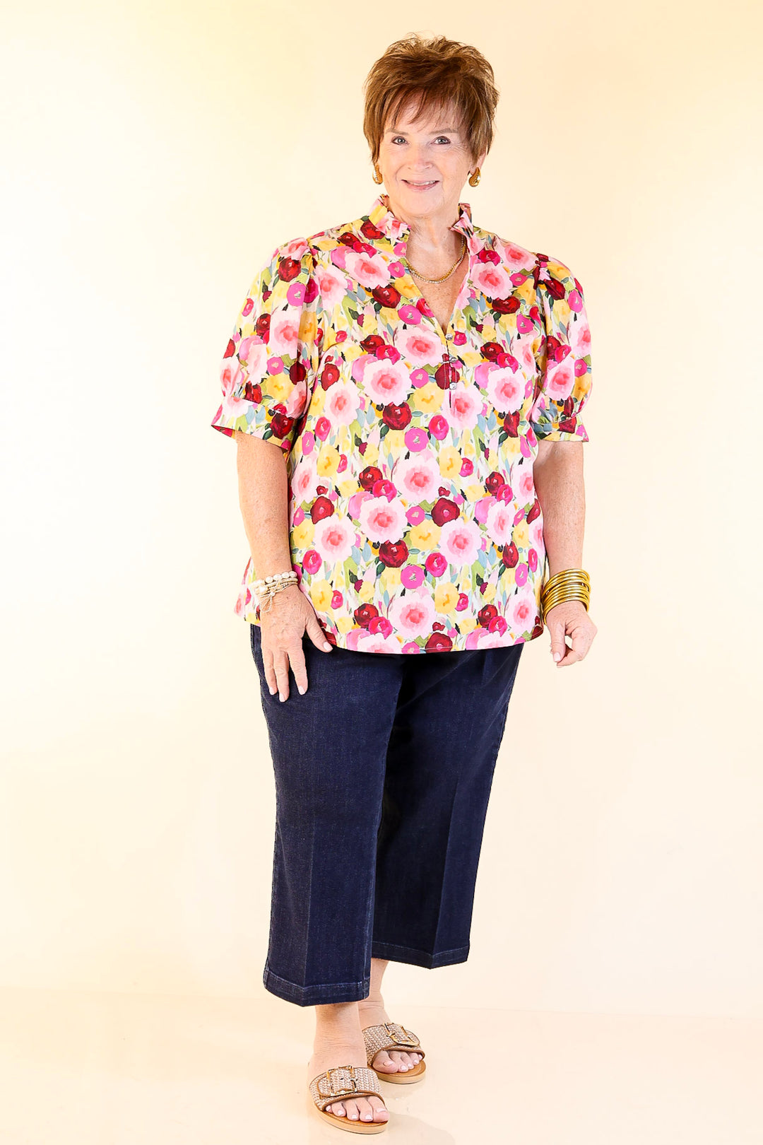 Brighter Blooms Ahead Floral Print Top with Ruffle Collar and Puff Sleeves in Multi