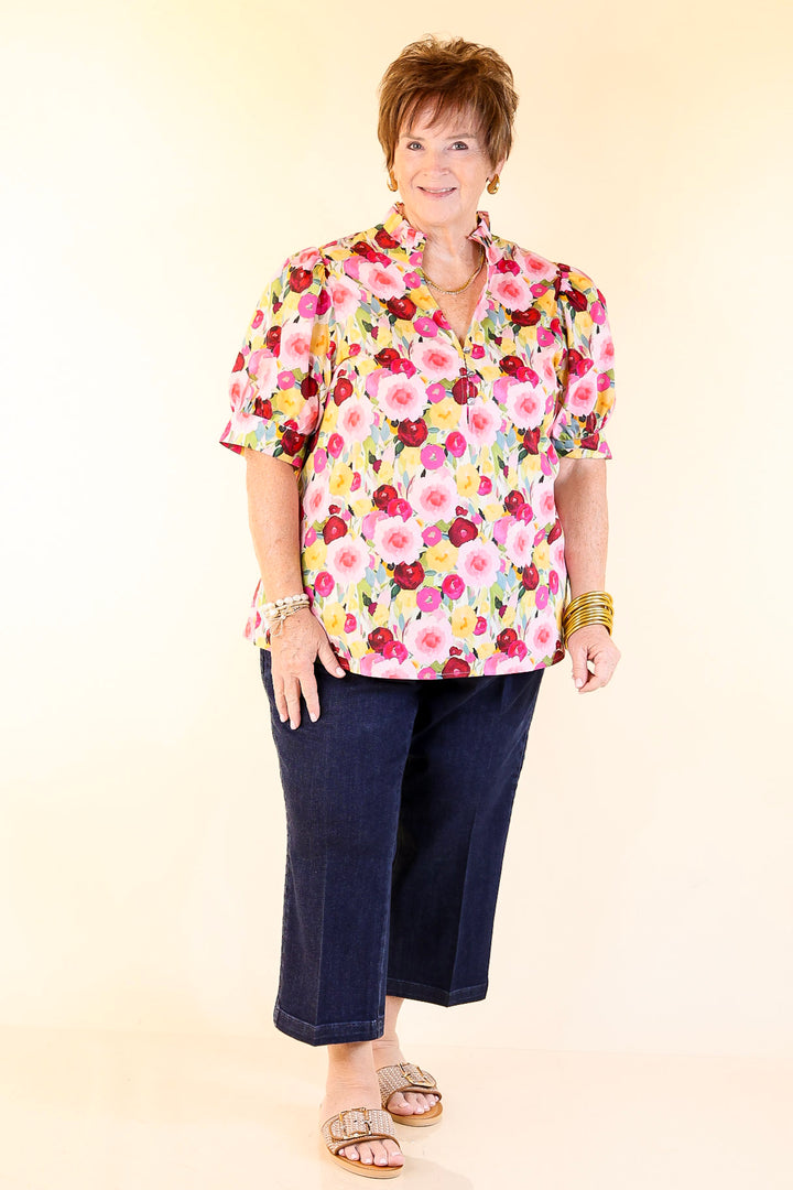 Brighter Blooms Ahead Floral Print Top with Ruffle Collar and Puff Sleeves in Multi