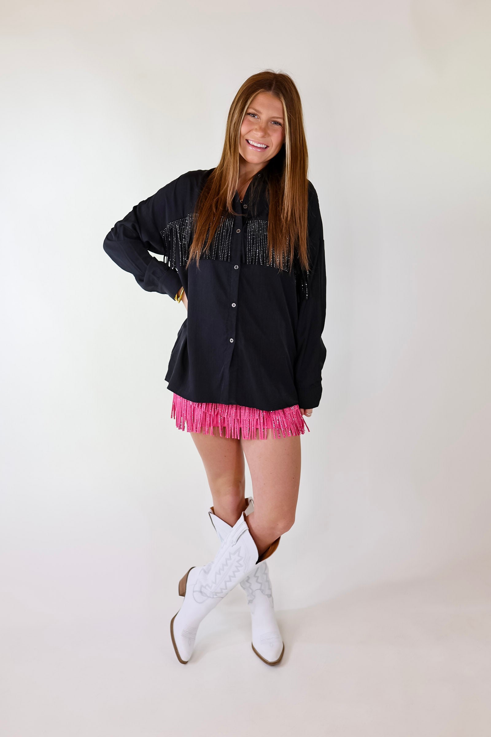 All That Shimmers Crystal Fringe Button Up Top with Long Sleeves in Black - Giddy Up Glamour Boutique