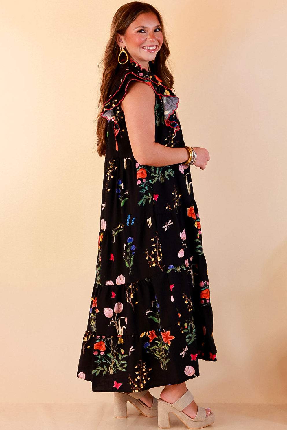 Flourishing Charm Floral Ruffle Cap Sleeve Tiered Midi Dress in Black