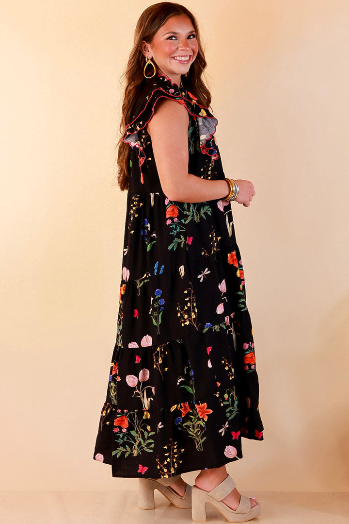 Flourishing Charm Floral Ruffle Cap Sleeve Tiered Midi Dress in Black