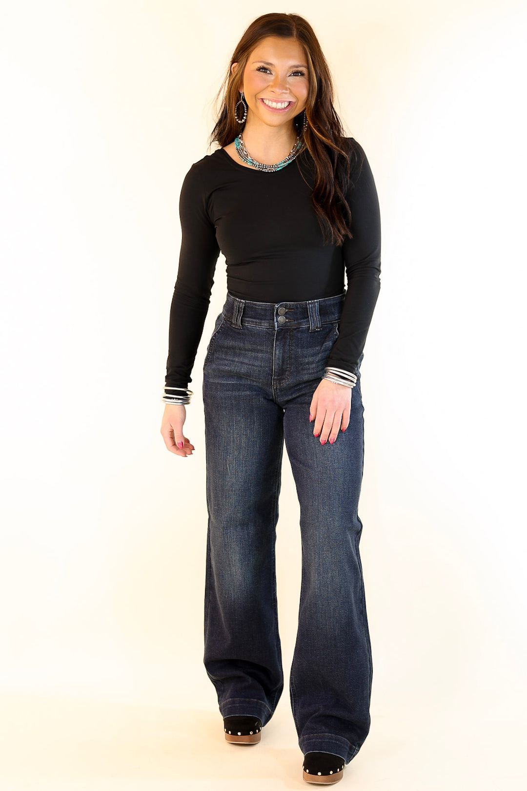 Judy Blue | Right on Trend Double Button Fly Wide Leg Trouser Jean in Dark Wash