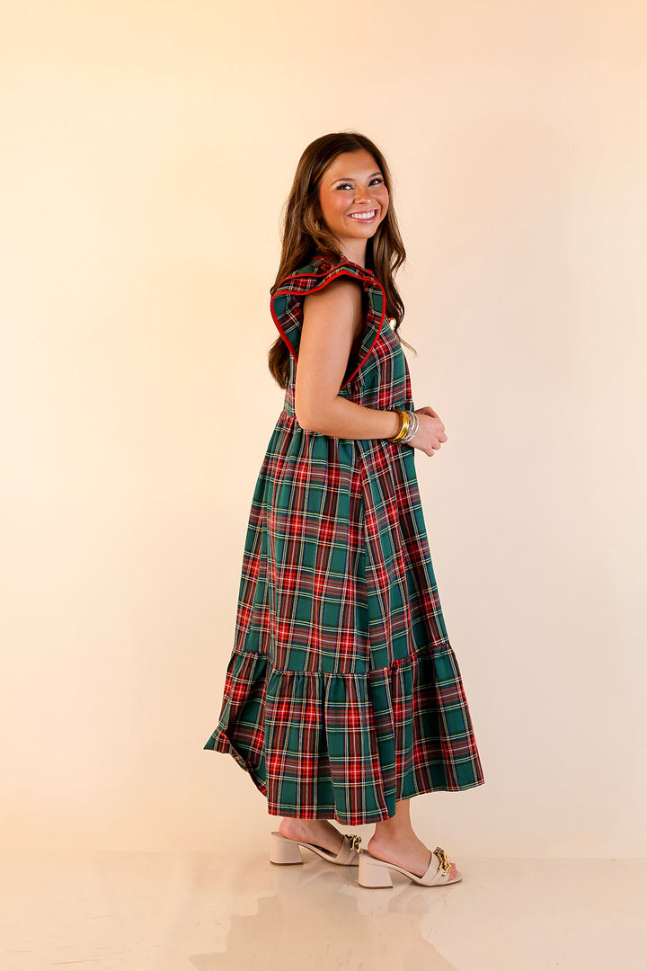 Magnolia Morning Plaid Ruffle Cap Sleeve Tiered Midi Dress in Green