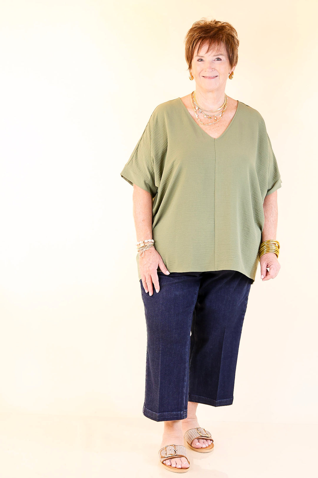 Classically Chic Short Sleeve V Neck Top in Olive Green