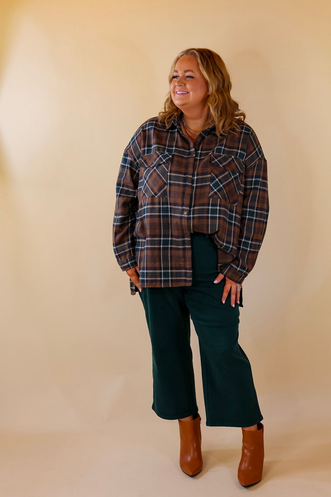 My Next Move Button Up Plaid Flannel Top in Mocha Brown - Giddy Up Glamour Boutique