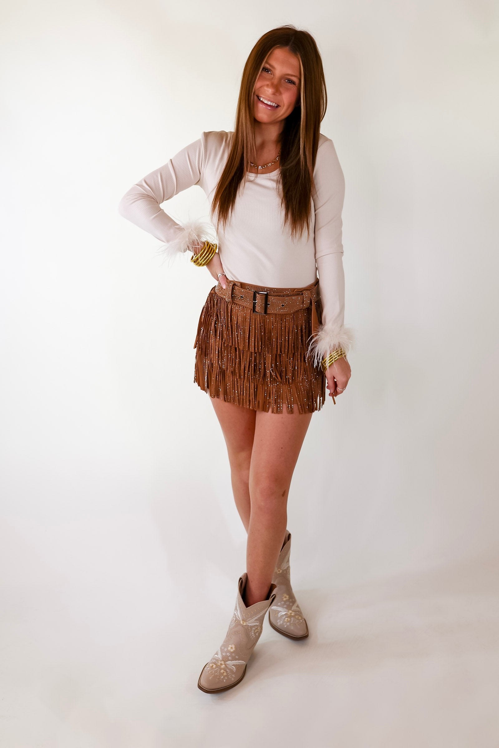 Center Stage Feather Trim Long Sleeve Bodysuit In Cream - Giddy Up Glamour Boutique