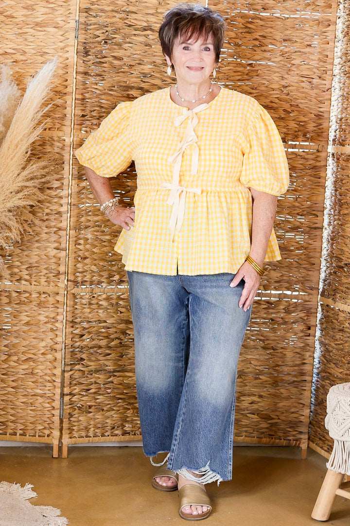 Springtime Sweetheart Gingham Print Short Puff Sleeve Top with Front Ties in Yellow