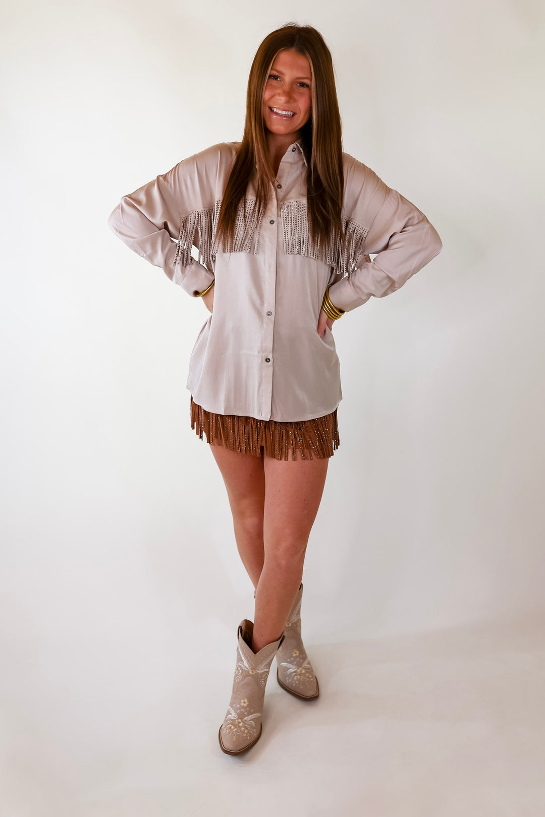 All That Shimmers Crystal Fringe Button Up Top with Long Sleeves in Champagne - Giddy Up Glamour Boutique