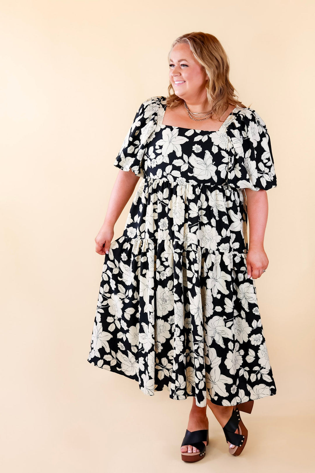 Floral Fascination Tiered Midi Dress in Black and White - Giddy Up Glamour Boutique
