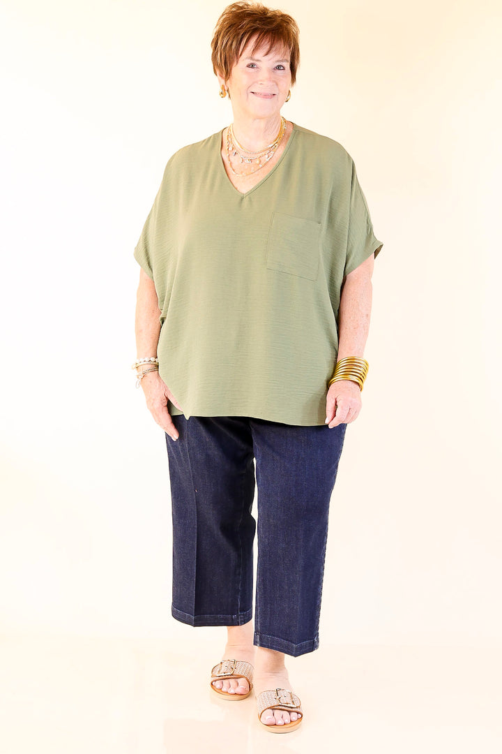 Try To Resist Short Sleeve V Neck Top with Front Pocket in Olive Green