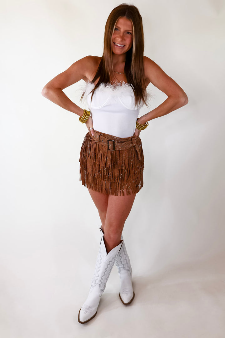 Movie Star Status Strapless Ribbed Bodysuit with Feathers in White - Giddy Up Glamour Boutique