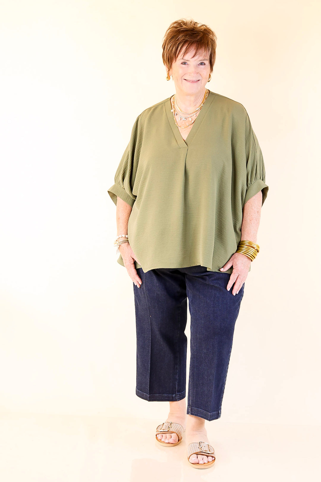 Elevated Basics V Neck Top with Half Sleeves in Olive Green