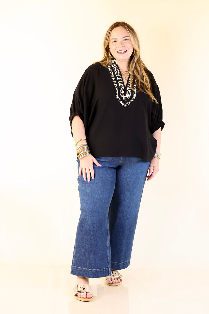 Naturally Stylish Leopard Print Trim Poncho Top in Black