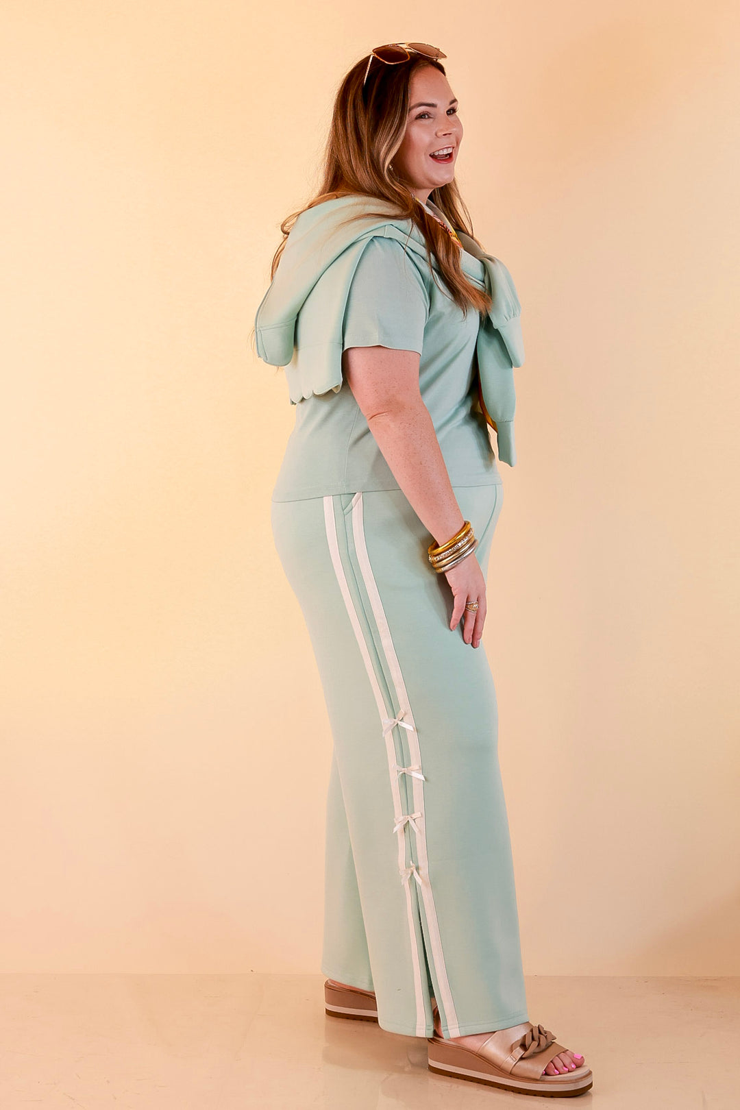 Simply Southern | Modern Staple Buttery Soft Pull-On Wide Leg Knit Pants with Side Bow Detail in Light Dusty Teal Blue