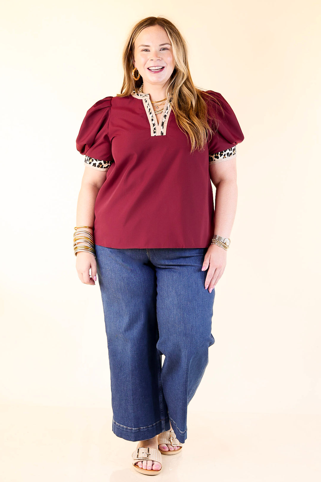 Standout Style V Neck Top with Short Balloon Sleeves and Leopard Print Trim in Maroon