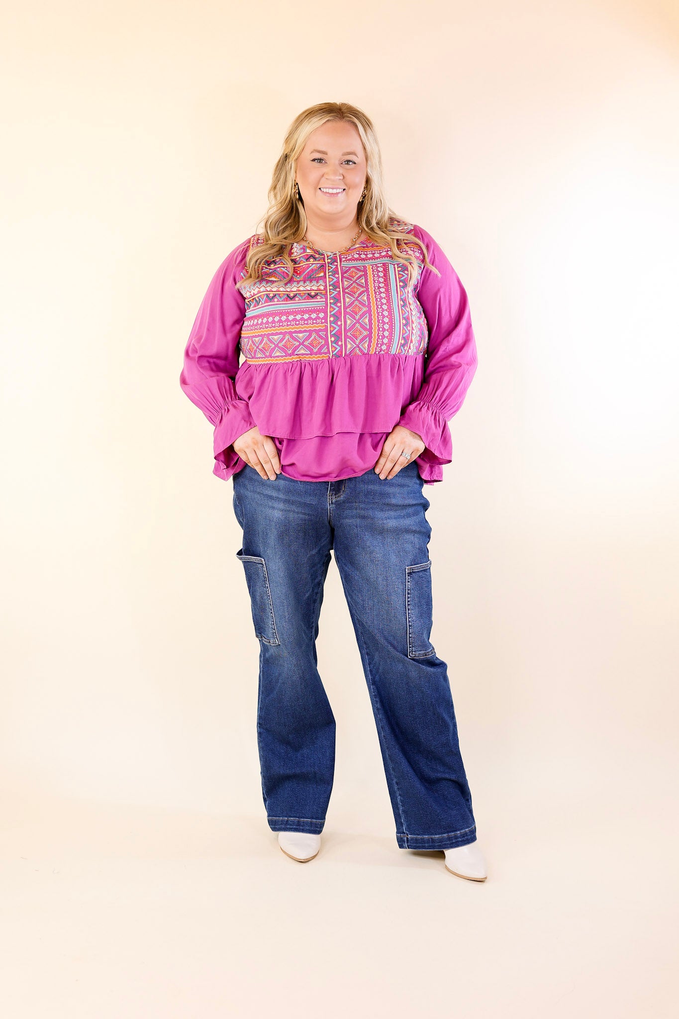 Rhythm Of The Season Embroidered Long Sleeve Top in Magenta